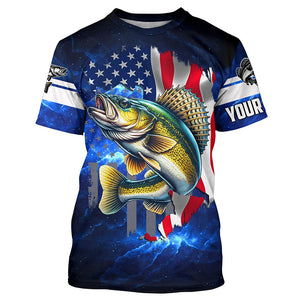 Walleye Fishing 3D American Flag patriotic blue galaxy Custom Walleye long sleeve Fishing Shirts NQS7935