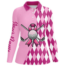 Load image into Gallery viewer, Women golf polo shirts custom pink argyle pattern Breast Cancer awareness golf apparel for ladies NQS8128