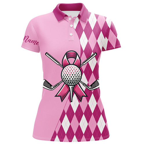 Women golf polo shirts custom pink argyle pattern Breast Cancer awareness golf apparel for ladies NQS8128