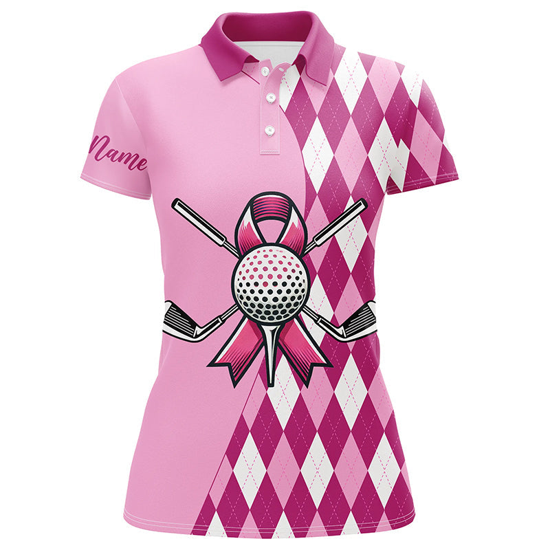 Women golf polo shirts custom pink argyle pattern Breast Cancer awareness golf apparel for ladies NQS8128