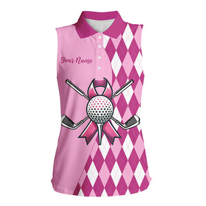 Women sleeveless polo shirt custom pink argyle pattern Breast Cancer awareness golf apparel for ladies NQS8128