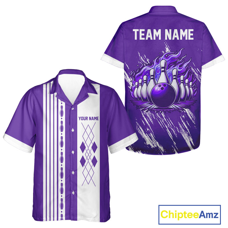 Retro Purple argyle Flame Bowling Hawaiian Shirt custom bowling team button up shirt Bowler Outfits NQS10326