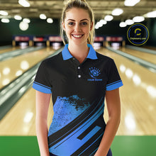 Load image into Gallery viewer, Custom Black And Blue Bowling Team Polo, Quarter-Zip Shirts For Women, Personalized Bowling Jerseys NQS10539