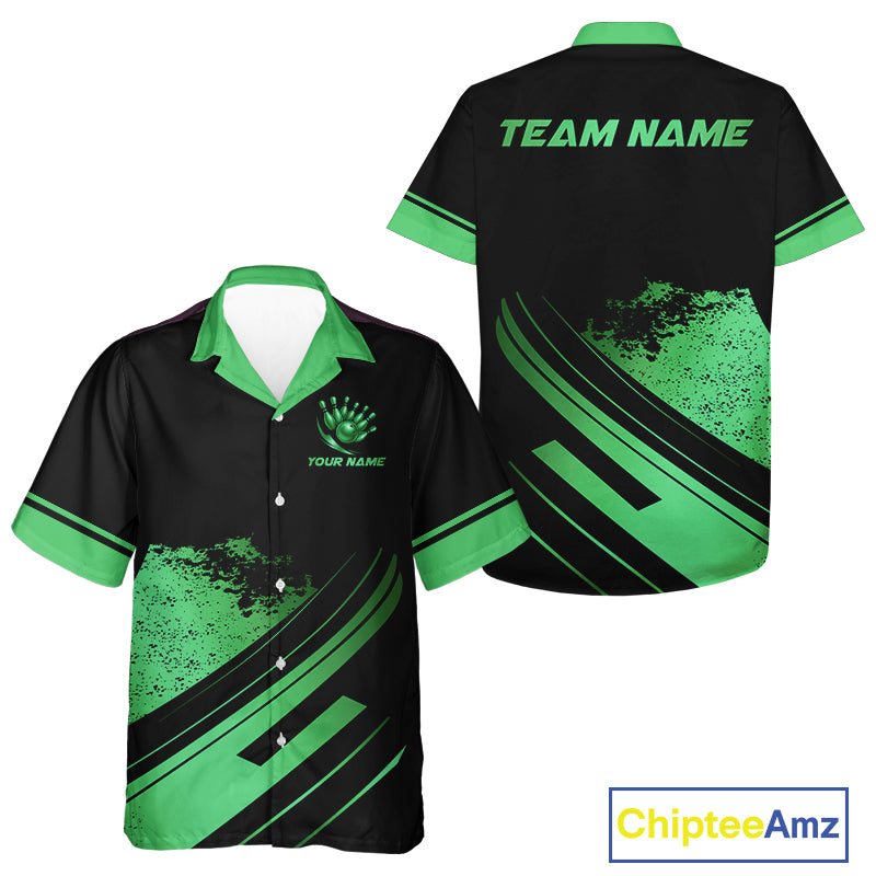 Custom Black And Green Bowling Team Hawaiian shirt, Personalized Bowling Button up shirt NQS10540