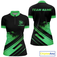 Load image into Gallery viewer, Custom Black And Green Bowling Team Polo, Quarter-Zip Shirts For Women, Personalized Bowling Jerseys NQS10540