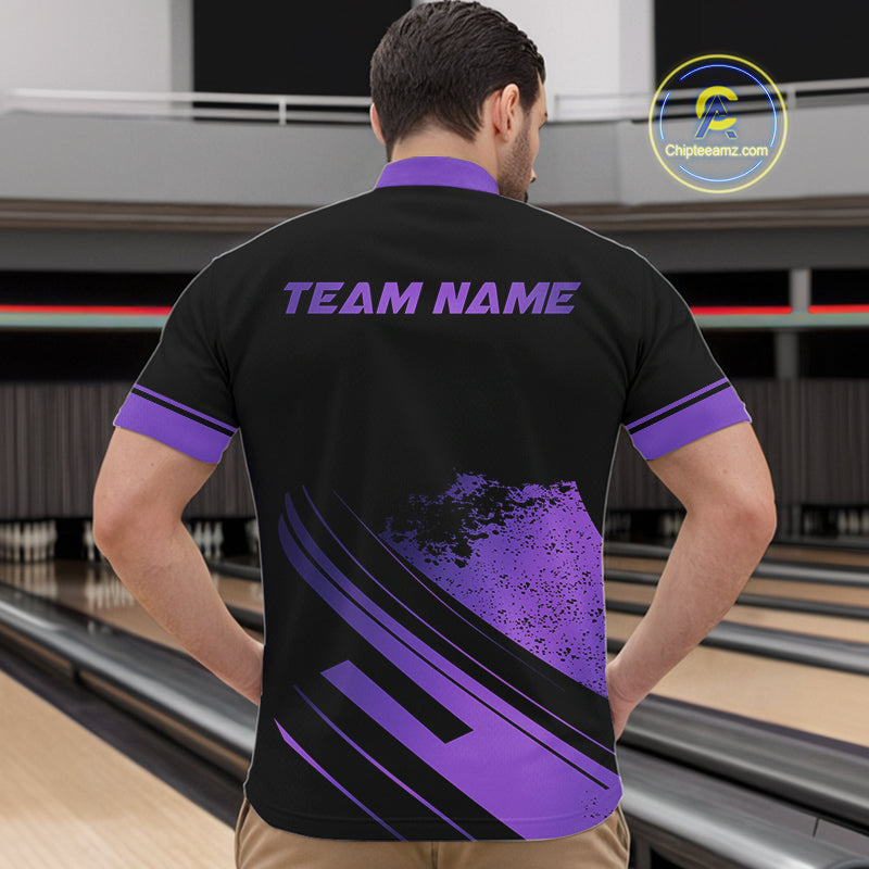Custom Black And Purple Bowling Team Polo, Quarter-Zip Shirts For Men, Personalized Bowling Jerseys NQS10541