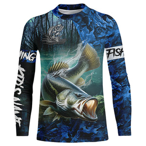 Largemouth bass Fishing blue camo customize name UV protection long sleeves shirts fishing apparel NQS2310