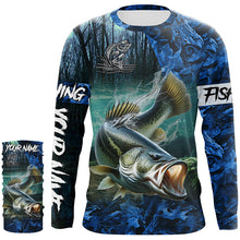 Load image into Gallery viewer, Largemouth bass Fishing blue camo customize name UV protection long sleeves shirts fishing apparel NQS2310