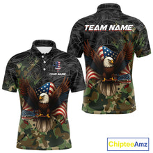 Load image into Gallery viewer, Black &amp; Green Camo American Flag Eagle Mens Disc golf polo shirts, Patriotic disc golf jersey custom NQS10954