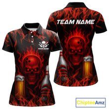 Load image into Gallery viewer, Red Skull and Beer Bowling shirts with flames Custom Bowling Polo, 1/4 Zip bowling outfits for Women NQS10955