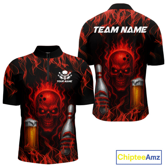 Red Skull and Beer Bowling shirts with flames Custom Bowling Polo, 1/4 Zip bowling outfits for men NQS10955