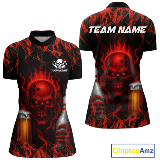 Red Skull and Beer Bowling shirts with flames Custom Bowling Polo, 1/4 Zip bowling outfits for Women NQS10955