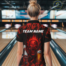 Load image into Gallery viewer, Red Skull and Beer Bowling shirts with flames Custom Bowling Polo, 1/4 Zip bowling outfits for Women NQS10955