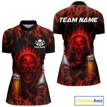 Load image into Gallery viewer, Red Skull and Beer Bowling shirts with flames Custom Bowling Polo, 1/4 Zip bowling outfits for Women NQS10955