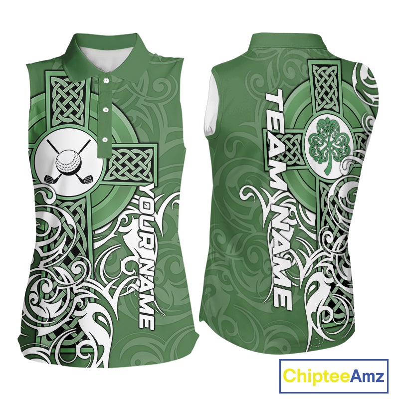 Green Irish Tribal Cross St Patrick's Day Women Sleeveless polo shirt Custom Lucky Golf Team Jerseys NQS11335
