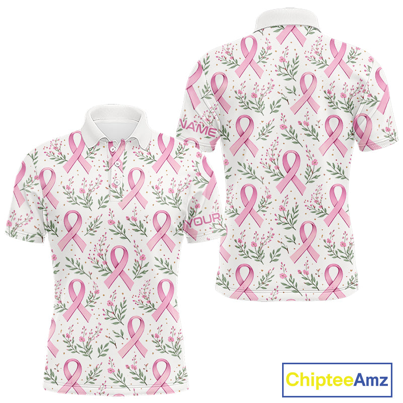 Pink ribbons floral pattern Breast Cancer golf polo shirts for men Custom team golf attire for men NQS11551