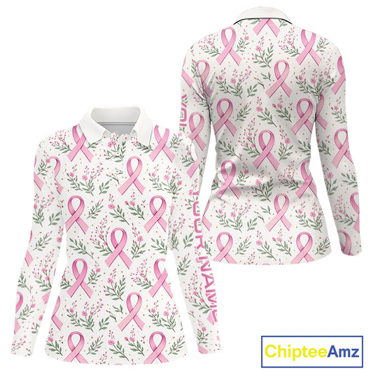 Pink ribbons floral pattern Breast Cancer golf polo shirts for Women Custom team ladies golf attire NQS11551
