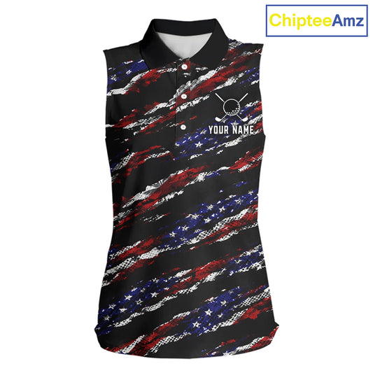 Black American Flag pattern Sleeveless Golf Polo shirts for Women custom ladies patriotic golf shirts NQS11553