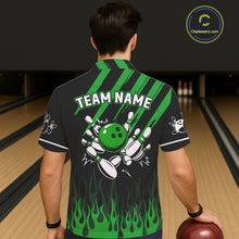 Load image into Gallery viewer, Black and Green Flame Retro Bowling Button-up Shirt Custom Vintage Team Hawaiian Bowling Jersey NQS11677