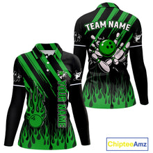 Load image into Gallery viewer, Black and Green Flame Retro Bowling Polo, 1/4 Zip Shirt for Women Custom Vintage Team Bowling Jersey NQS11677