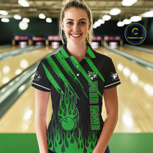Load image into Gallery viewer, Black and Green Flame Retro Bowling Polo, 1/4 Zip Shirt for Women Custom Vintage Team Bowling Jersey NQS11677
