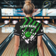 Load image into Gallery viewer, Black and Green Flame Retro Bowling Polo, 1/4 Zip Shirt for Women Custom Vintage Team Bowling Jersey NQS11677
