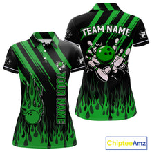 Load image into Gallery viewer, Black and Green Flame Retro Bowling Polo, 1/4 Zip Shirt for Women Custom Vintage Team Bowling Jersey NQS11677