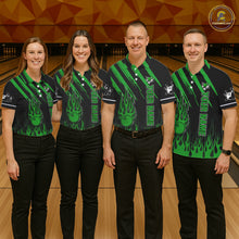 Load image into Gallery viewer, Black and Green Flame Retro Bowling Polo, 1/4 Zip Shirt for Women Custom Vintage Team Bowling Jersey NQS11677