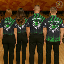Load image into Gallery viewer, Black and Green Flame Retro Bowling Polo, 1/4 Zip Shirt for Women Custom Vintage Team Bowling Jersey NQS11677