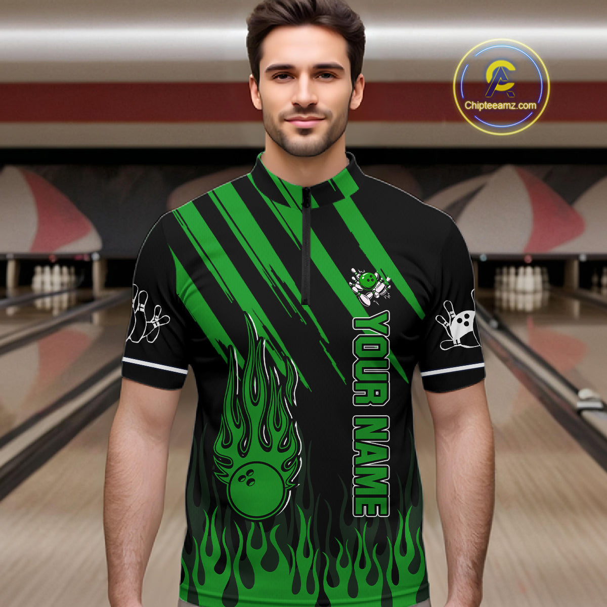 Black and Green Flame Retro Bowling Polo, 1/4 Zip Shirt for Men Custom Vintage Team Bowling Jersey NQS11677