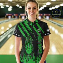 Load image into Gallery viewer, Black and Green Flame Retro Bowling Polo, 1/4 Zip Shirt for Women Custom Vintage Team Bowling Jersey NQS11677