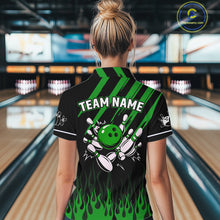 Load image into Gallery viewer, Black and Green Flame Retro Bowling Polo, 1/4 Zip Shirt for Women Custom Vintage Team Bowling Jersey NQS11677
