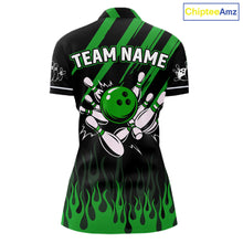 Load image into Gallery viewer, Black and Green Flame Retro Bowling Polo, 1/4 Zip Shirt for Women Custom Vintage Team Bowling Jersey NQS11677