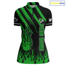 Load image into Gallery viewer, Black and Green Flame Retro Bowling Polo, 1/4 Zip Shirt for Women Custom Vintage Team Bowling Jersey NQS11677