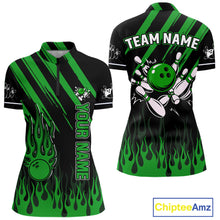 Load image into Gallery viewer, Black and Green Flame Retro Bowling Polo, 1/4 Zip Shirt for Women Custom Vintage Team Bowling Jersey NQS11677
