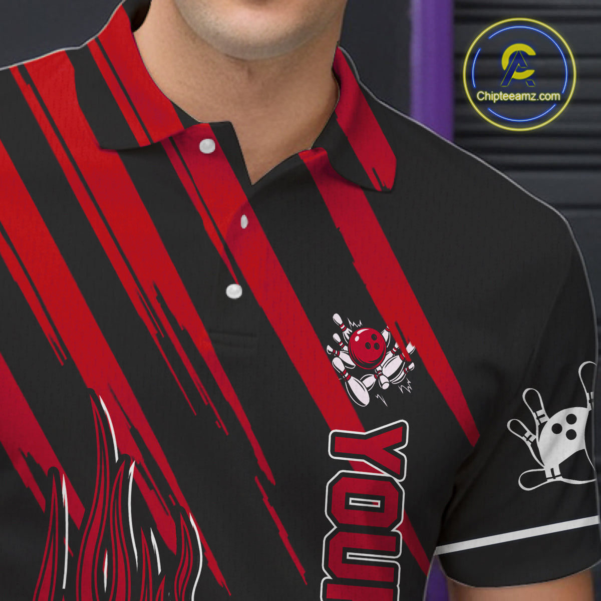 Black and Red Flame Retro Bowling Polo, 1/4 Zip Shirt for Men Custom Vintage Team Bowling Jersey NQS11678