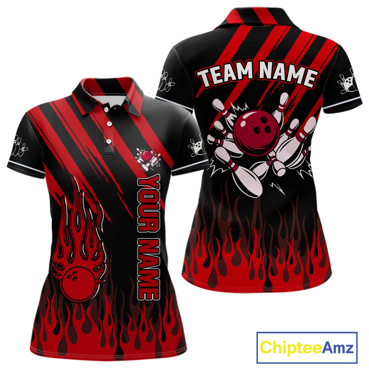 Black and Red Flame Retro Bowling Polo, 1/4 Zip Shirt for Women Custom Vintage Team Bowling Jersey NQS11678