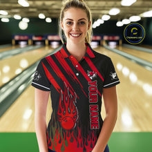 Load image into Gallery viewer, Black and Red Flame Retro Bowling Polo, 1/4 Zip Shirt for Women Custom Vintage Team Bowling Jersey NQS11678