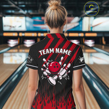 Load image into Gallery viewer, Black and Red Flame Retro Bowling Polo, 1/4 Zip Shirt for Women Custom Vintage Team Bowling Jersey NQS11678