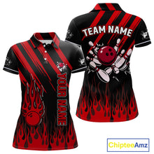 Load image into Gallery viewer, Black and Red Flame Retro Bowling Polo, 1/4 Zip Shirt for Women Custom Vintage Team Bowling Jersey NQS11678