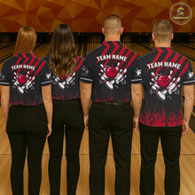 Load image into Gallery viewer, Black and Red Flame Retro Bowling Polo, 1/4 Zip Shirt for Women Custom Vintage Team Bowling Jersey NQS11678