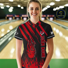 Load image into Gallery viewer, Black and Red Flame Retro Bowling Polo, 1/4 Zip Shirt for Women Custom Vintage Team Bowling Jersey NQS11678