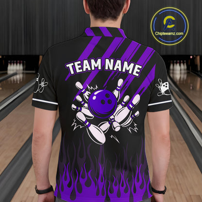 Black and Purple Flame Retro Bowling Polo, 1/4 Zip Shirt for Men Custom Vintage Team Bowling Jersey NQS11679