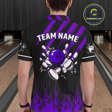 Load image into Gallery viewer, Black and Purple Flame Retro Bowling Polo, 1/4 Zip Shirt for Men Custom Vintage Team Bowling Jersey NQS11679