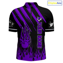 Load image into Gallery viewer, Black and Purple Flame Retro Bowling Polo, 1/4 Zip Shirt for Men Custom Vintage Team Bowling Jersey NQS11679