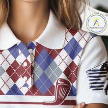 Load image into Gallery viewer, Red, White and Blue argyle pattern golf clubs Women Golf polo shirts Custom golf attire for ladies NQS10030