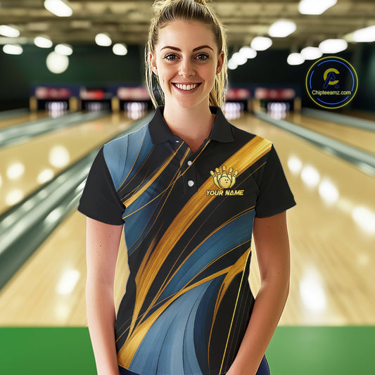 Blue & Gold Bowling ball Polo, Quarter Zip Shirts for Women Custom Bowling Outfit Team bowlers jersey NQS10032