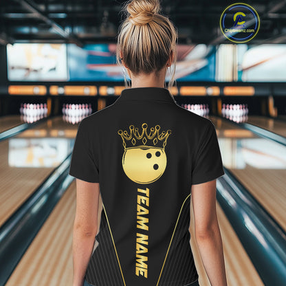 Blue & Gold Bowling ball Polo, Quarter Zip Shirts for Women Custom Bowling Outfit Team bowlers jersey NQS10032