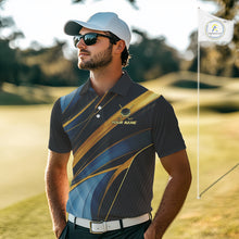 Load image into Gallery viewer, Blue and Gold Mens Golf polo shirts Custom Golf Outfit For Mens Team Golf shirts | Black NQS10033