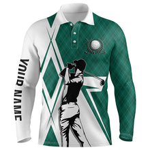 Load image into Gallery viewer, White Mens golf polo shirts custom green argyle pattern golf shirts for men, golfing gifts for mens NQS5839